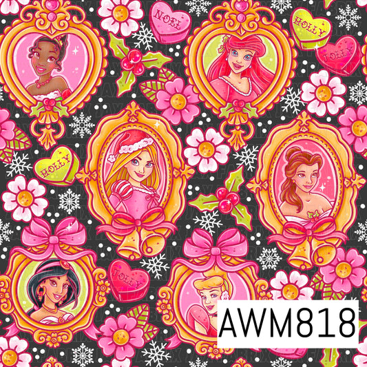 A festive Christmas-inspired seamless pattern featuring elegant princess portraits framed in ornate gold holiday ornaments, surrounded by pink flowers, holly, snowflakes, bows, and heart-shaped candies. Set against a charcoal gray background, this whimsical design blends bright pink, gold, and red tones for a magical holiday aesthetic.