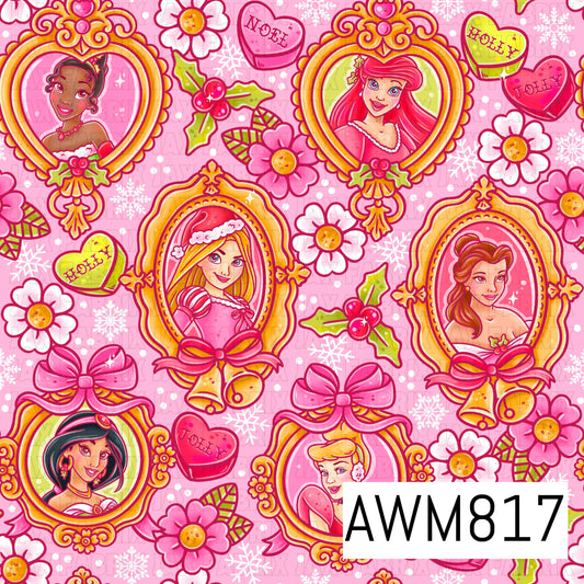 A festive Christmas-inspired seamless pattern featuring elegant princess portraits framed in ornate gold holiday ornaments, surrounded by pink flowers, holly, snowflakes, bows, and heart-shaped candies. Set against a soft pink background with scattered white dots, this whimsical design blends bright pink, gold, and red tones for a magical holiday aesthetic.
