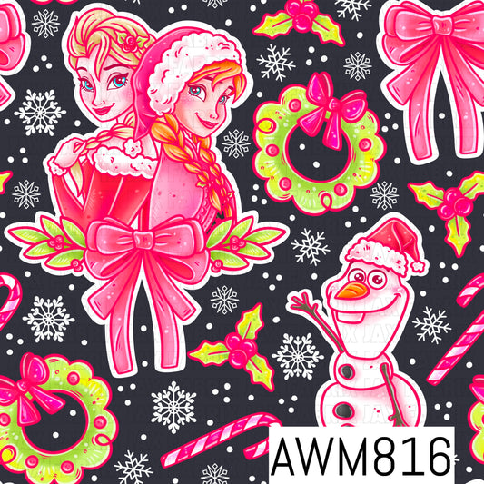 A festive Christmas-themed seamless pattern featuring two winter princesses, a cheerful snowman, pink bows, candy canes, lime green wreaths, holly, and delicate snowflakes. Set against a charcoal gray background with scattered white dots, this playful design combines bright pink, lime green, and white for a whimsical holiday aesthetic.