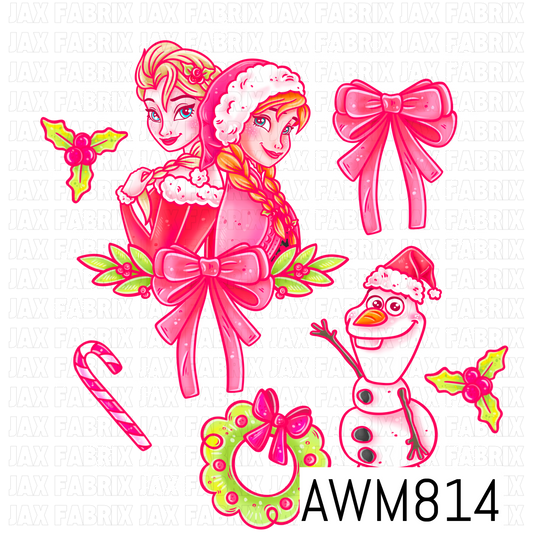 A festive Christmas-themed PNG featuring two winter Sister princesses, a cheerful snowman in a Santa hat, a bright pink bow, a lime green wreath, candy cane, holly sprigs, and delicate snowflakes. Designed in vibrant pink, lime green, and white tones, this whimsical clipart collection is perfect for holiday crafting and seasonal projects.