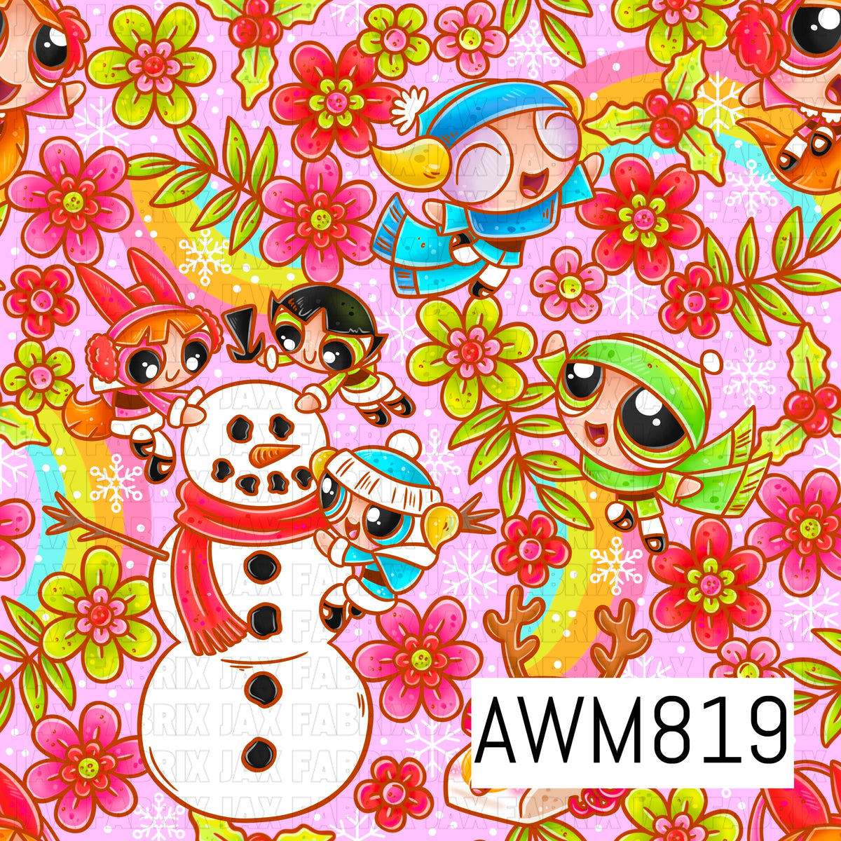 A cheerful winter-themed seamless pattern featuring adorable superhero-inspired girls building a snowman, surrounded by vibrant pink and lime green flowers, holly, snowflakes, and colorful rainbows. Set against a soft pink plaid background, this playful design combines bright holiday colors with a whimsical floral aesthetic perfect for festive crafting.