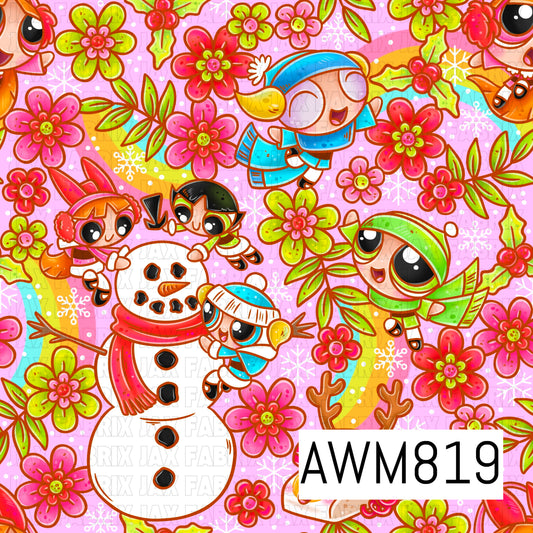 A cheerful winter-themed seamless pattern featuring adorable superhero-inspired girls building a snowman, surrounded by vibrant pink and lime green flowers, holly, snowflakes, and colorful rainbows. Set against a soft pink plaid background, this playful design combines bright holiday colors with a whimsical floral aesthetic perfect for festive crafting.