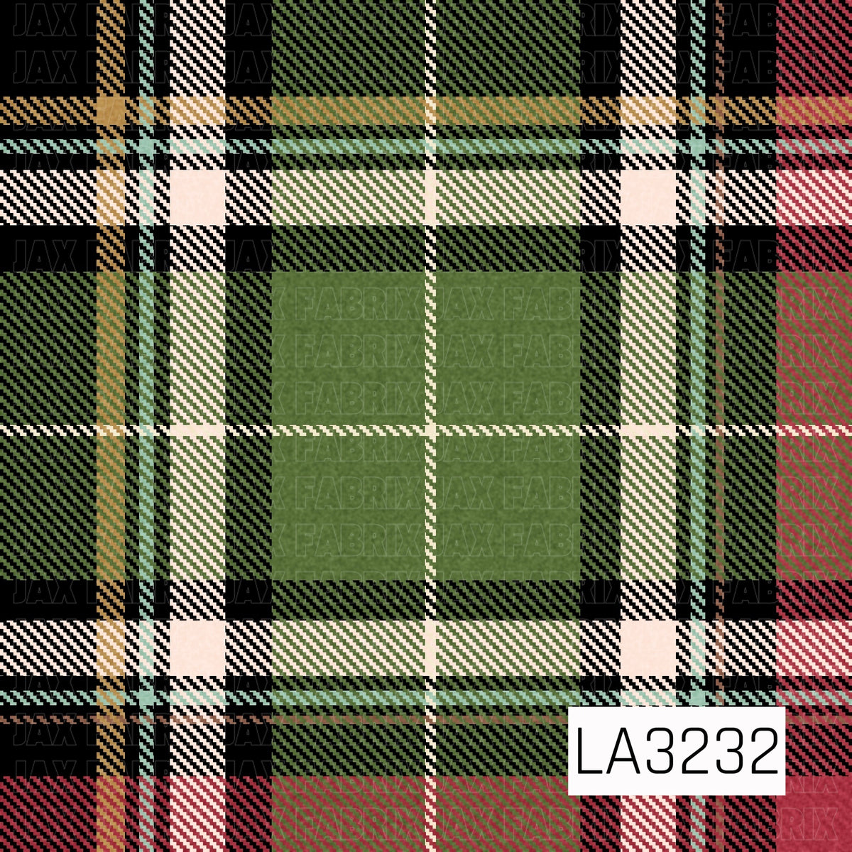 A classic holiday plaid featuring bold blocks of forest green, black, cream, and red with touches of gold and soft mint. Fine diagonal detailing throughout gives the pattern a woven, textured look.
