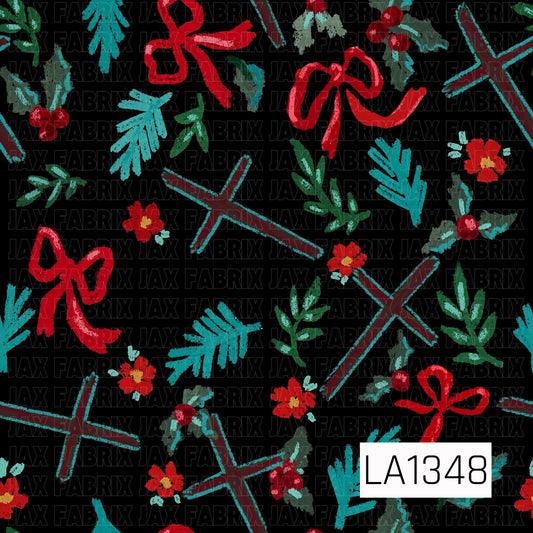 This seamless design features hand-drawn rustic crosses, bright red bows, holly berries, small red flowers and scattered evergreen sprigs on a black background. Deep burgundy, teal, green and red tones give the pattern a festive Christmas feel with a faith-inspired touch.
