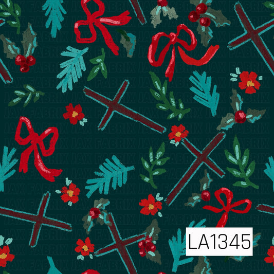 This seamless design features hand-drawn rustic crosses, bright red bows, holly berries, small red flowers and scattered evergreen sprigs on a deep forest green background. Teal, burgundy and leafy green accents give the design a festive Christmas look with a faith-inspired feel.
