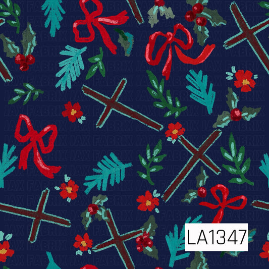 This seamless design features hand-drawn rustic crosses, bright red bows, holly berries, small red flowers and scattered evergreen sprigs on a deep navy blue background. Shades of burgundy, teal, green and red create a festive Christmas look with a faith-inspired feel.
