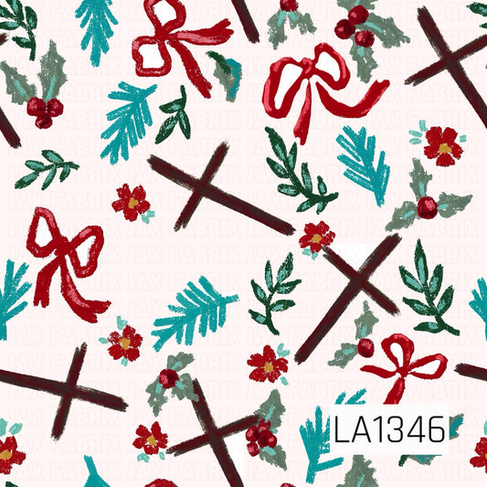 This seamless design features hand-drawn rustic crosses, bright red bows, holly berries, small red flowers and scattered evergreen sprigs on a soft warm white background. Deep burgundy, teal, red and green accents give it a festive Christmas look with a faith-inspired feel.
