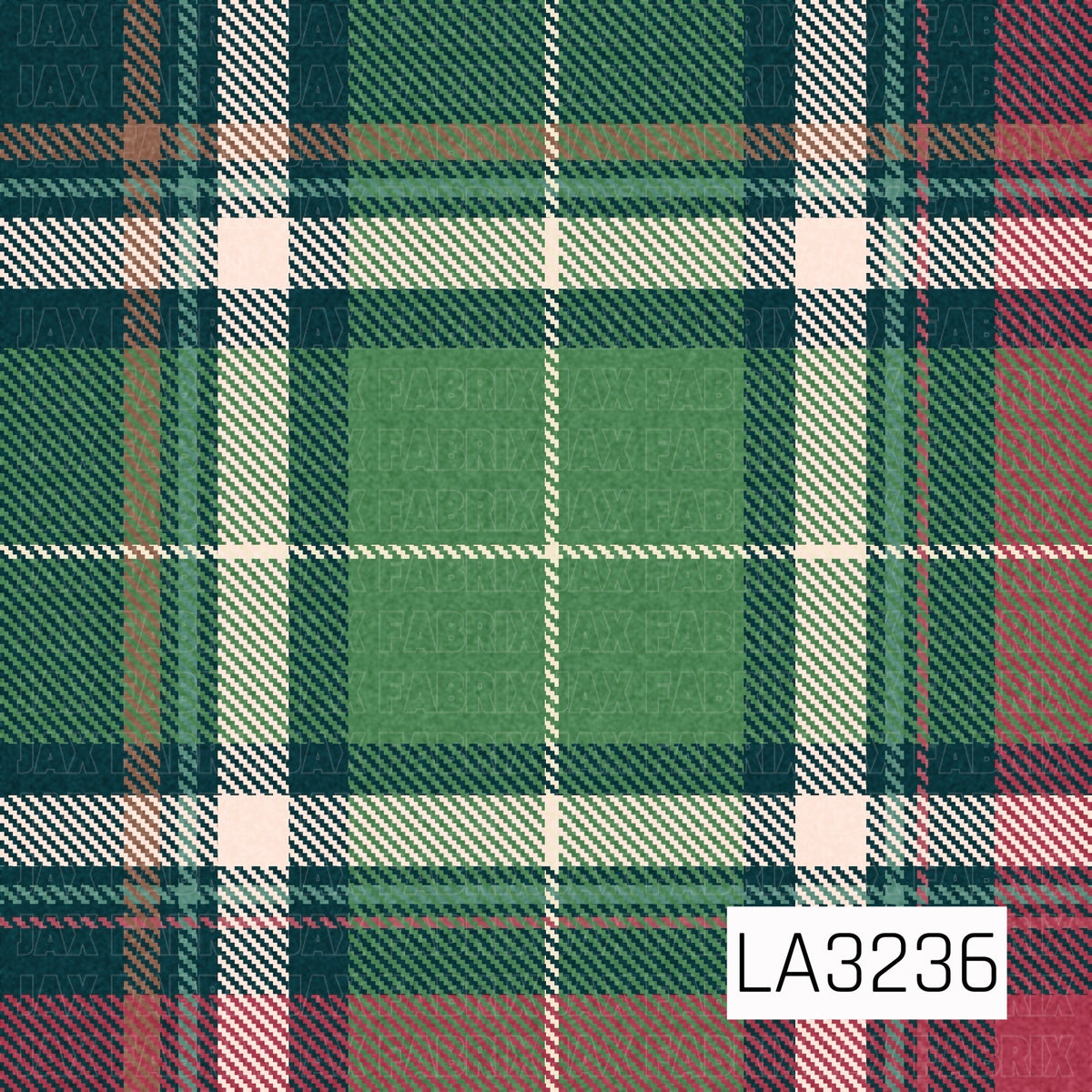 A festive tartan plaid featuring rich navy and layered shades of green with bold cream stripes, red accents, and subtle touches of brown. Fine diagonal detailing throughout gives it a classic woven plaid look with a cozy holiday feel.
