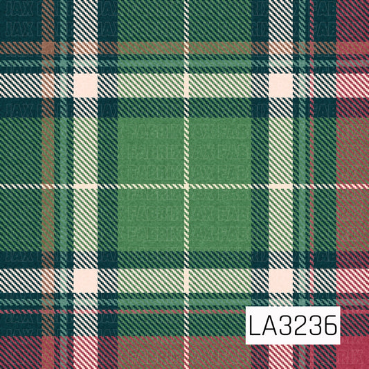 A festive tartan plaid featuring rich navy and layered shades of green with bold cream stripes, red accents, and subtle touches of brown. Fine diagonal detailing throughout gives it a classic woven plaid look with a cozy holiday feel.
