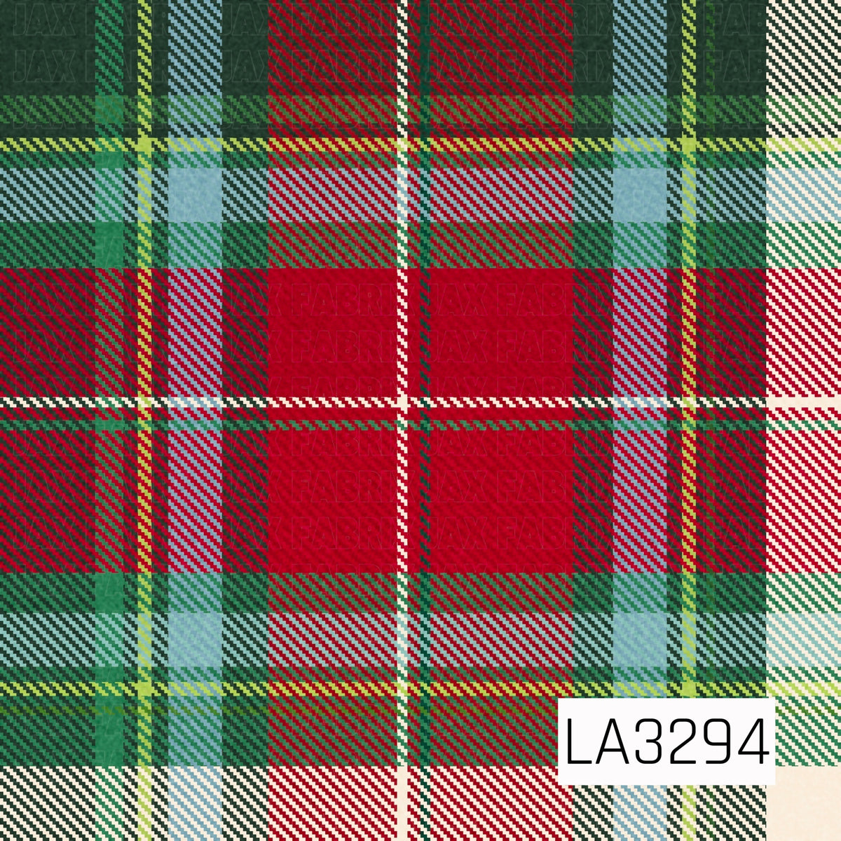 A classic holiday tartan plaid featuring bold red, deep forest green, soft blue, cream and touches of lime green. Fine diagonal woven detailing gives the pattern a cozy, traditional textile look.
