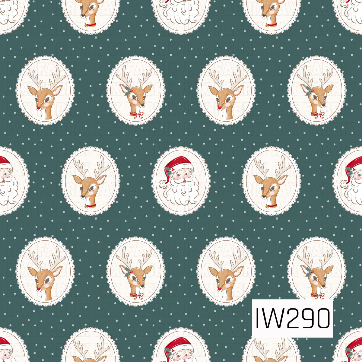 A charming vintage Christmas pattern featuring jolly Santa faces with rosy cheeks, fluffy white beards, and classic red hats accented with holly. Each Santa is framed inside a delicate cream oval cameo with scalloped edges, arranged in a repeating pattern over a muted teal green background with subtle vertical stripes.