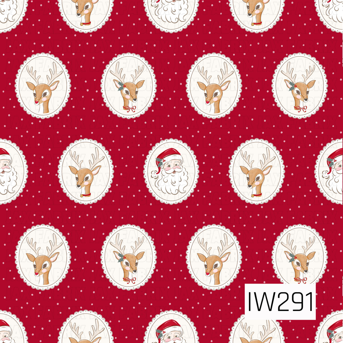 A charming vintage Christmas pattern featuring adorable reindeer with delicate antlers, rosy cheeks, red noses, and festive holly and bow accents, alongside jolly Santa faces with fluffy white beards. Each character is framed inside a cream oval cameo with delicate scalloped edges, arranged over a rich Christmas red background sprinkled with tiny white dots.