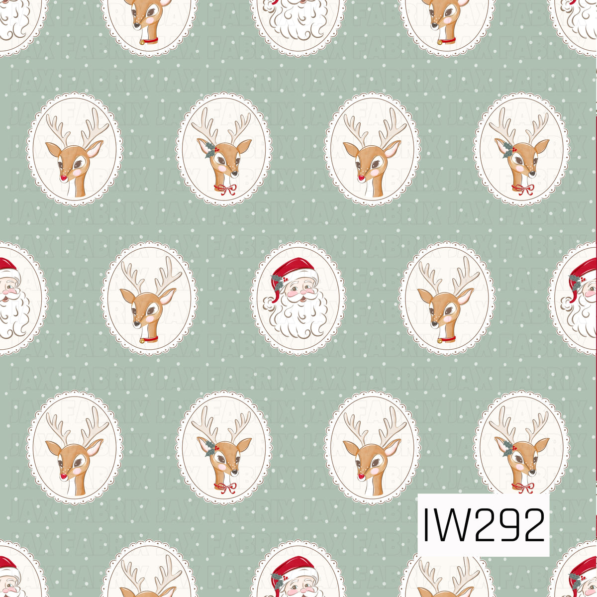 A charming vintage Christmas pattern featuring sweet reindeer with rosy cheeks, delicate antlers, red noses, and festive holly and bow accents, alongside jolly Santa faces in classic red hats. Each illustration sits inside a cream oval cameo with dainty scalloped edges, arranged over a soft sage green background sprinkled with tiny white snow-like dots.