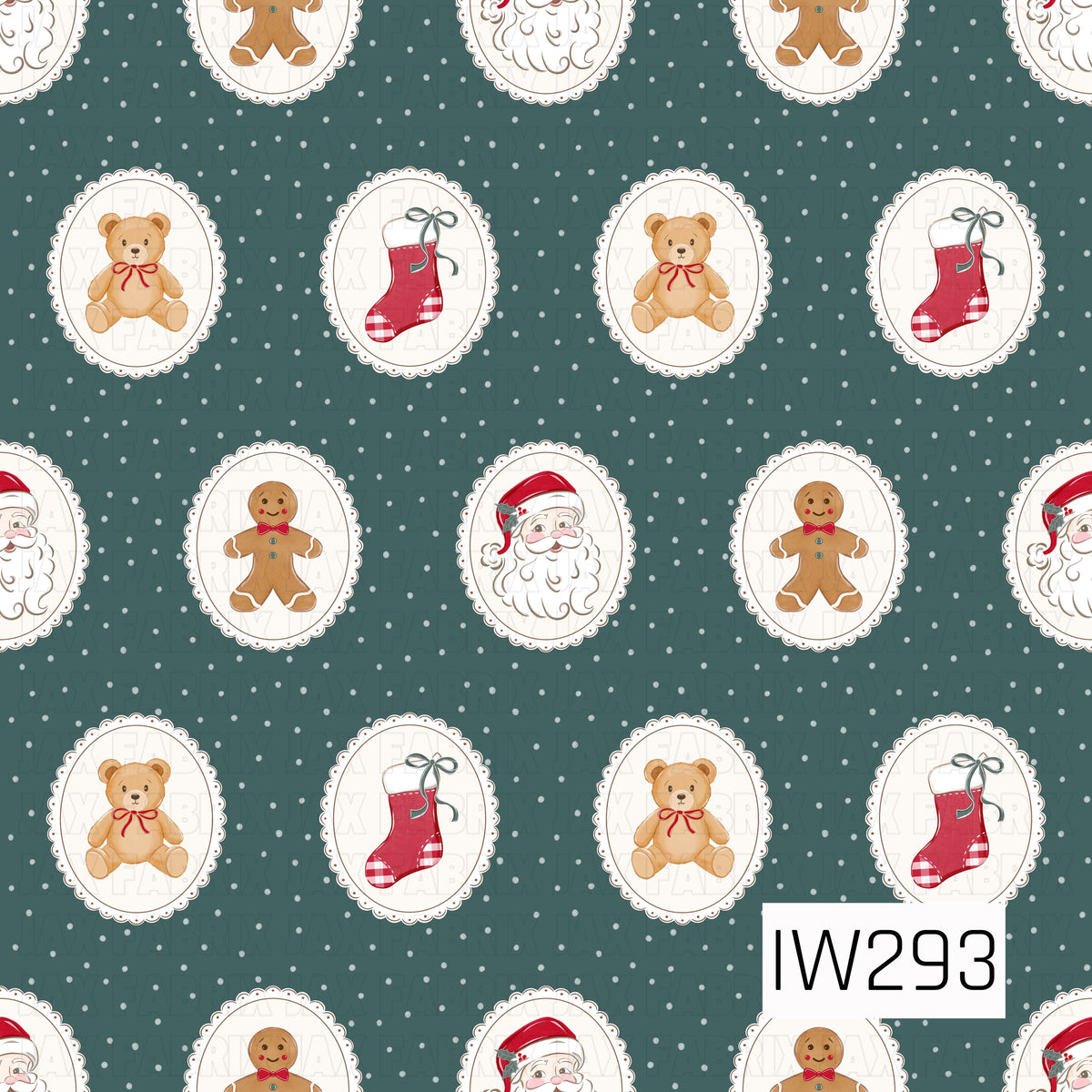 A charming vintage Christmas pattern featuring adorable teddy bears with red bows, smiling gingerbread men, festive red stockings with gingham accents, and jolly Santa faces. Each illustration is framed inside a delicate cream oval cameo with scalloped edges, arranged over a deep muted teal green background sprinkled with tiny white snow-like dots.
