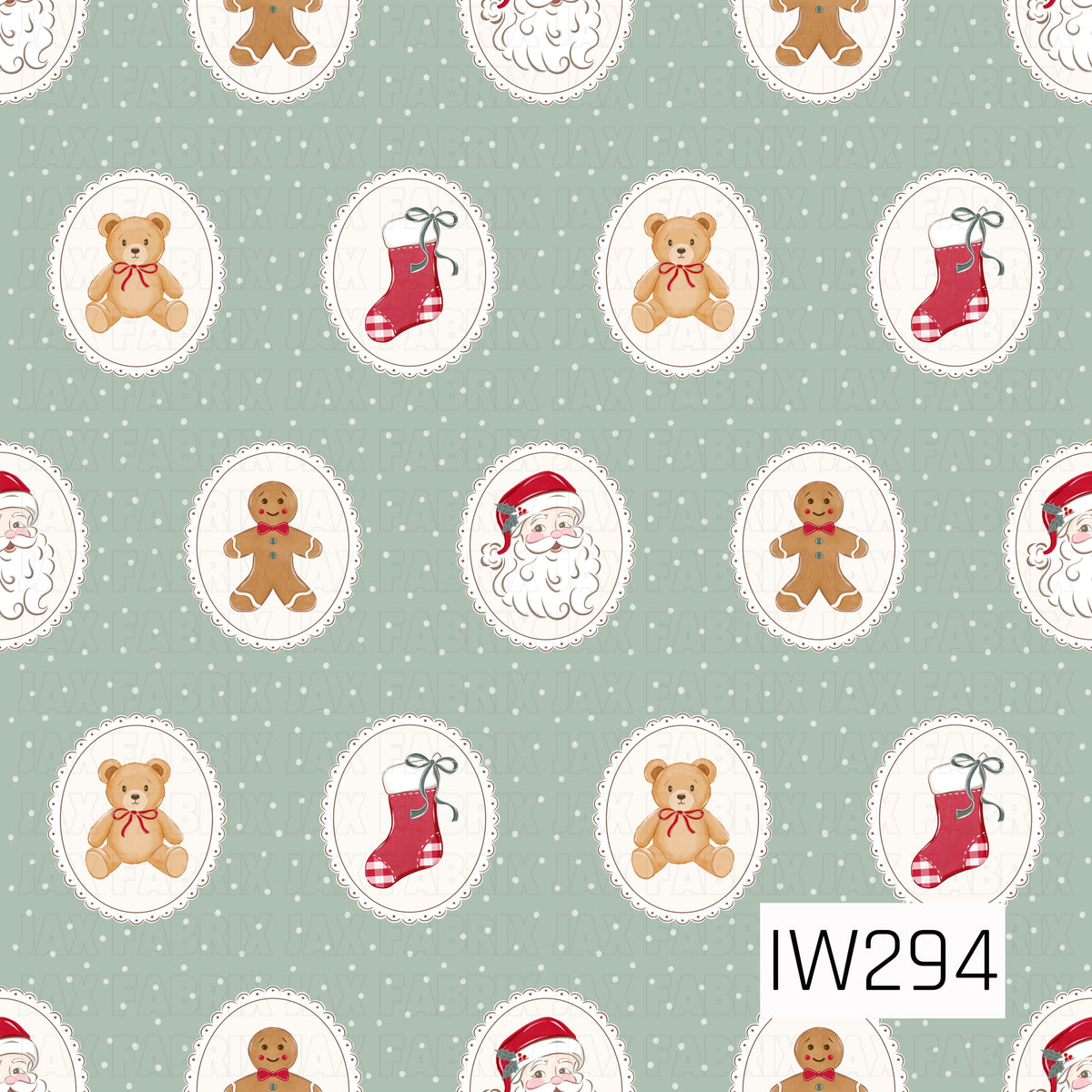 A charming vintage-inspired Christmas pattern featuring adorable teddy bears with red bows, smiling gingerbread men, jolly Santa faces, and red stockings with gingham accents. Each festive illustration sits inside a delicate cream oval cameo with scalloped edges, arranged on a soft sage green background sprinkled with tiny white snow-like dots.