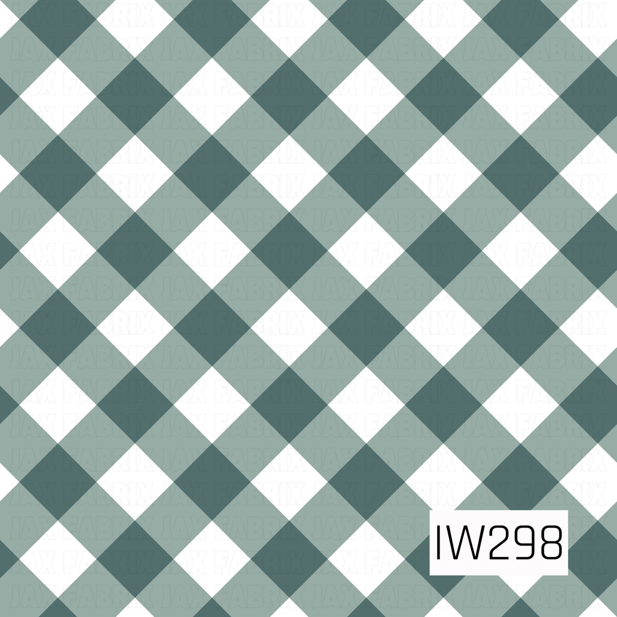 A classic gingham check pattern featuring overlapping diagonal squares in deep muted teal green, soft sage green, and crisp white. The alternating shades create a timeless, cozy plaid look with a clean geometric design, perfect for coordinating with vintage-inspired Christmas prints.