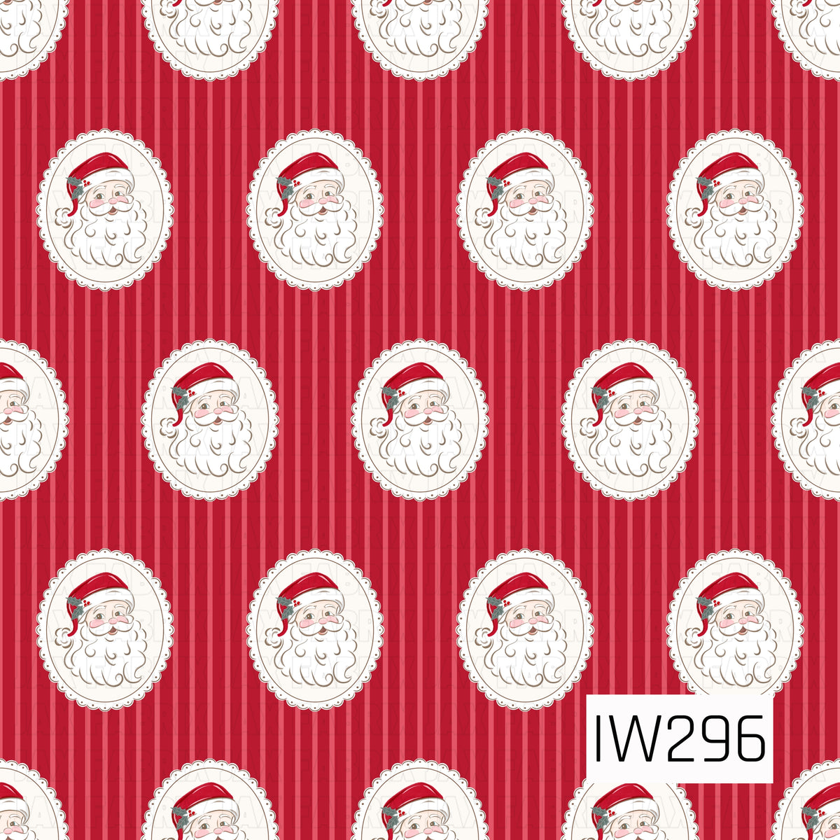 A charming vintage-inspired Christmas pattern featuring cheerful Santa faces with rosy cheeks, fluffy white beards, and classic red hats accented with holly. Each Santa is framed inside a delicate cream oval cameo with scalloped edges, arranged in a repeating pattern over a festive red background with subtle vertical tonal stripes.