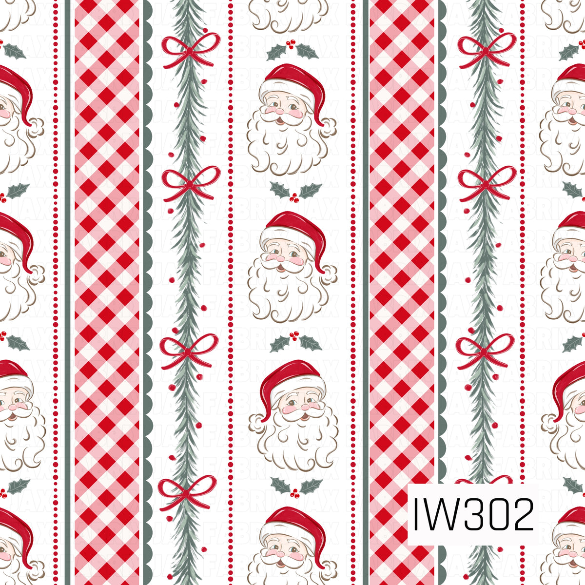 A charming vintage-inspired Christmas stripe pattern featuring alternating vertical sections of cheerful Santa faces, red and pink gingham, and soft sage green pine garlands adorned with red bows and berries. Delicate holly accents, tiny red dotted borders, and scalloped green trim add a festive touch against a crisp white background.