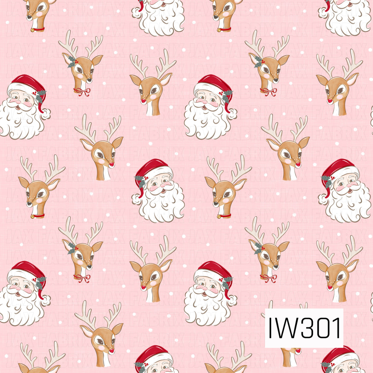 A sweet vintage-inspired Christmas pattern featuring cheerful Santa faces with rosy cheeks and fluffy white beards, alongside adorable reindeer with delicate antlers, red noses, festive bows, and holly accents. Scattered white snowflakes dot the soft blush pink textured background, creating a whimsical holiday design.