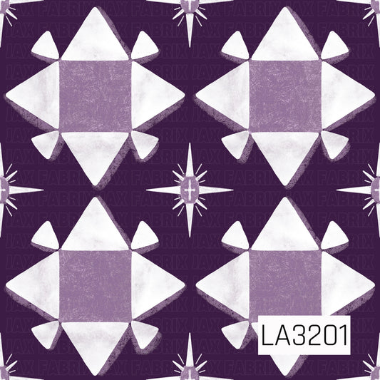 A quilt-inspired geometric pattern featuring oversized white star blocks with textured dusty purple centers on a rich deep purple background. Smaller four-point starbursts are scattered throughout, with a distressed, hand-painted finish for a vintage feel.
