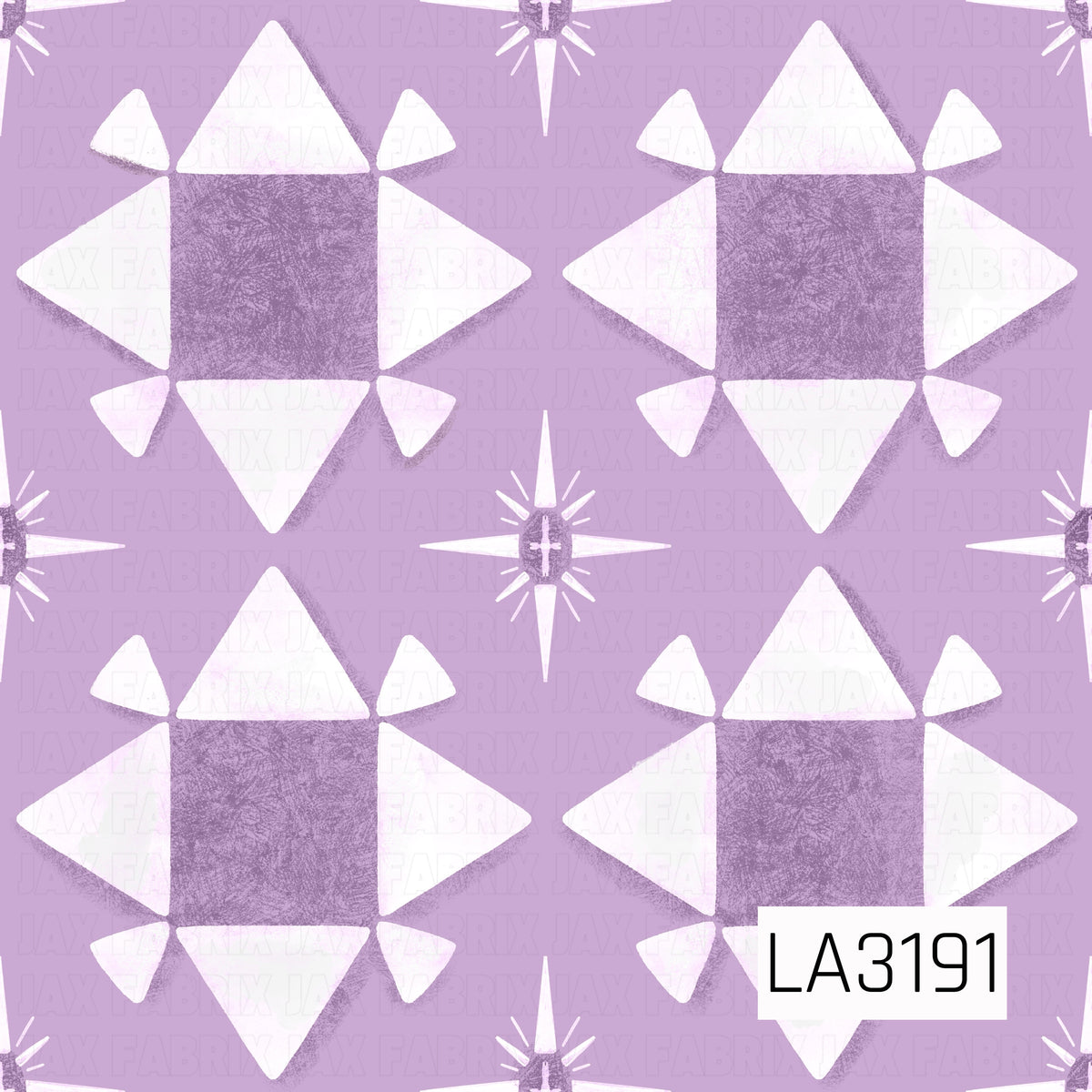 A bold geometric pattern featuring quilt-inspired star blocks in shades of purple and white. Small four-point starbursts are scattered between the larger shapes, all set against a soft lavender background with a textured, hand-painted finish.
