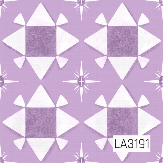 A bold geometric pattern featuring quilt-inspired star blocks in shades of purple and white. Small four-point starbursts are scattered between the larger shapes, all set against a soft lavender background with a textured, hand-painted finish.
