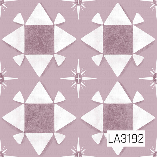 A quilt-inspired geometric pattern featuring large star blocks in dusty mauve and soft white. Smaller four-point starbursts are scattered between the blocks, all set against a muted dusty purple background with a textured, hand-painted finish.
