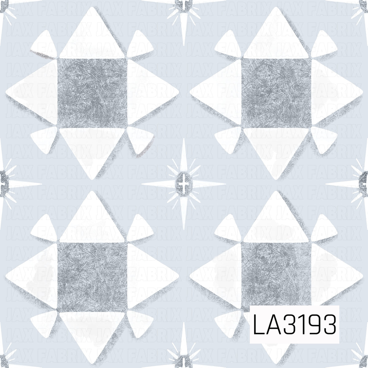 A quilt-inspired geometric pattern featuring large star blocks in soft blue-gray and crisp white. Smaller four-point starbursts are scattered between the blocks, all set against a pale icy blue background with a textured, hand-painted finish.
