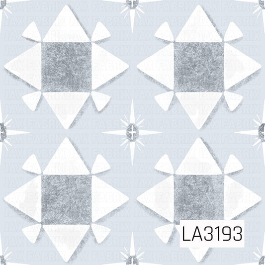A quilt-inspired geometric pattern featuring large star blocks in soft blue-gray and crisp white. Smaller four-point starbursts are scattered between the blocks, all set against a pale icy blue background with a textured, hand-painted finish.
