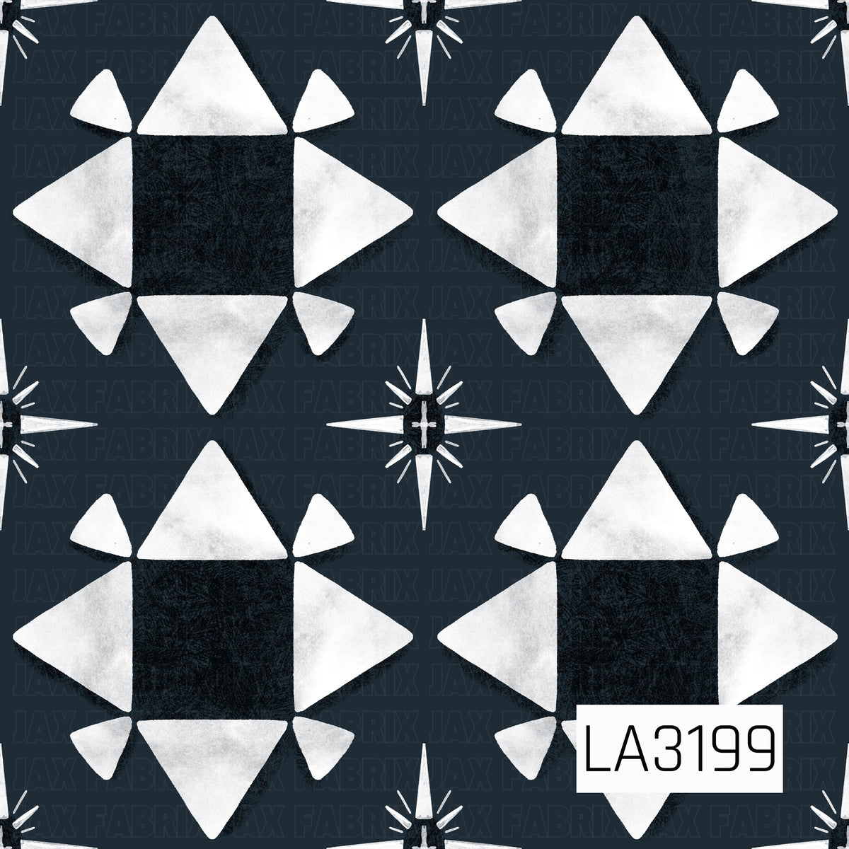 A bold quilt-inspired geometric pattern featuring oversized white star blocks against a deep navy background. Smaller four-point starbursts are scattered between the larger shapes, with a textured, hand-painted finish that gives the design a rustic, vintage feel.
