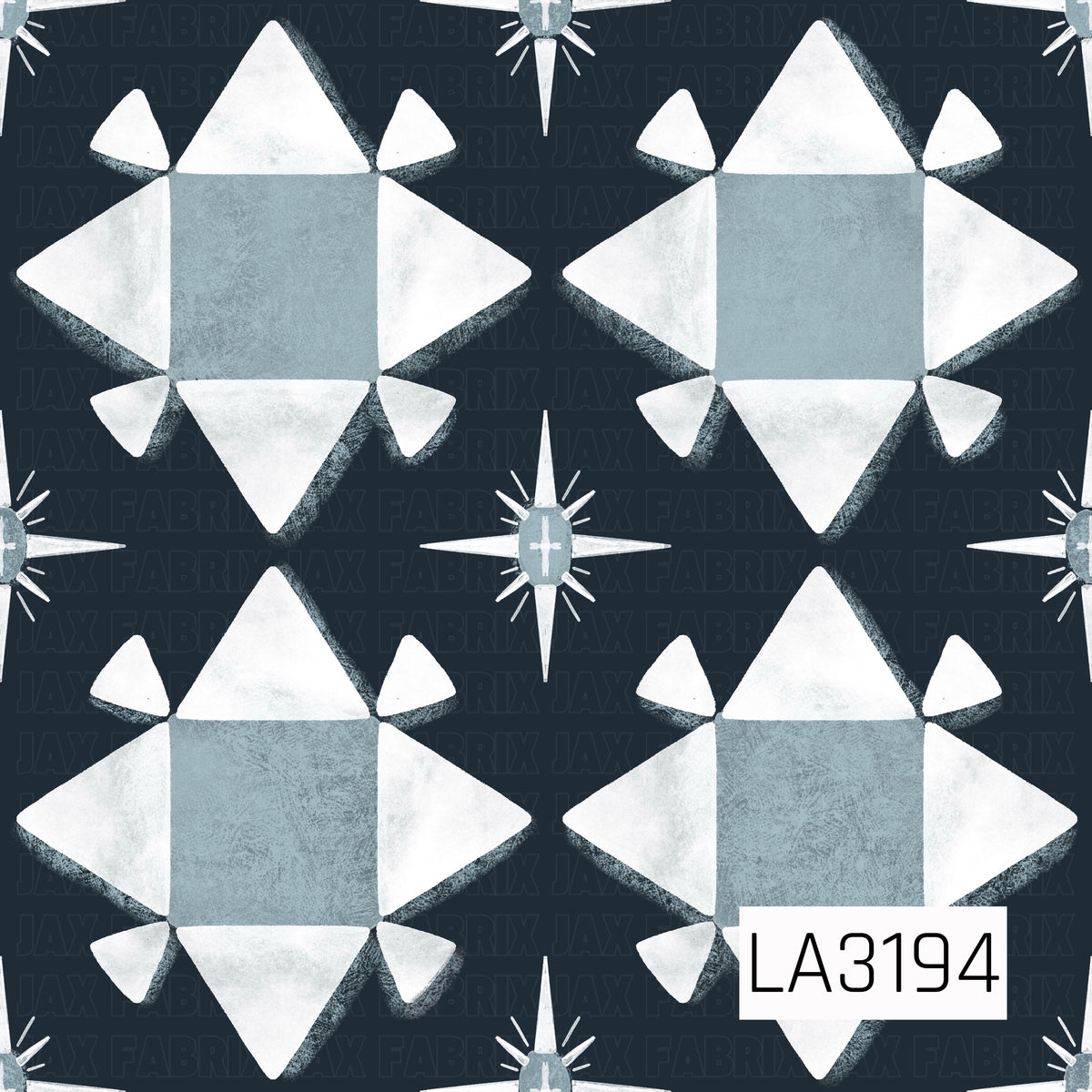 A quilt-inspired geometric pattern featuring large star blocks in soft dusty blue and white, set against a deep navy background. Smaller four-point starbursts fill the spaces between, with a textured, hand-painted finish throughout.
