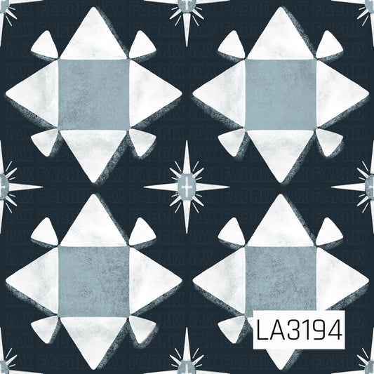 A quilt-inspired geometric pattern featuring large star blocks in soft dusty blue and white, set against a deep navy background. Smaller four-point starbursts fill the spaces between, with a textured, hand-painted finish throughout.
