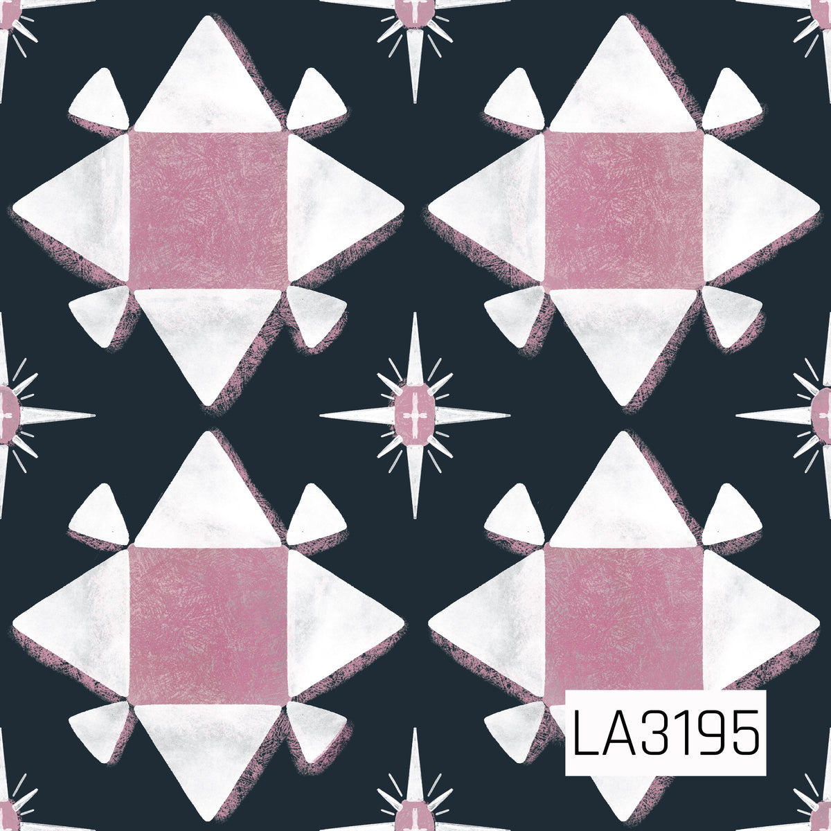 A quilt-inspired geometric pattern featuring large star blocks in dusty pink and white against a deep navy background. Smaller four-point starbursts are scattered between the larger shapes, all finished with a soft, textured hand-painted look.

