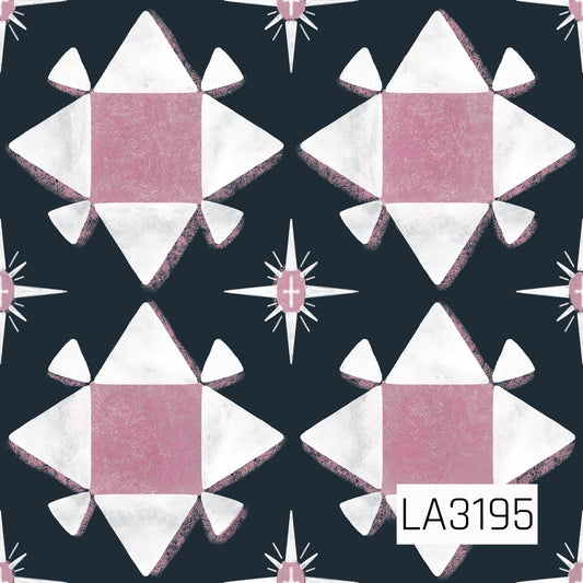A quilt-inspired geometric pattern featuring large star blocks in dusty pink and white against a deep navy background. Smaller four-point starbursts are scattered between the larger shapes, all finished with a soft, textured hand-painted look.
