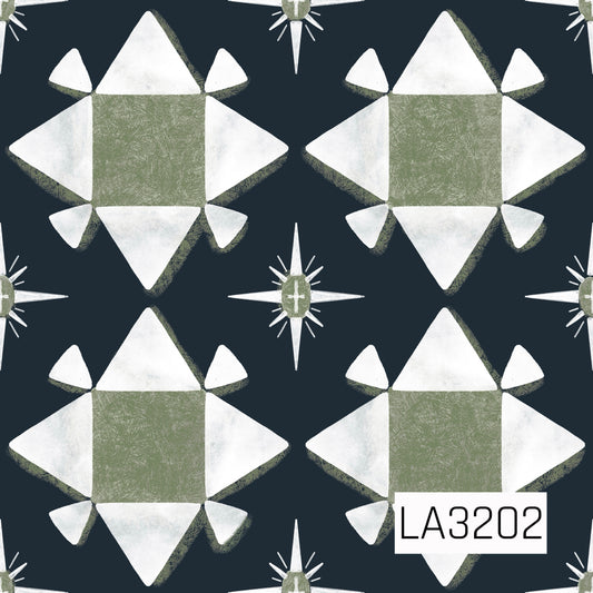 A quilt-inspired geometric pattern featuring oversized white star blocks with textured sage green centers on a deep navy background. Smaller four-point starbursts are scattered throughout, finished with a distressed, hand-painted texture for a vintage feel.
