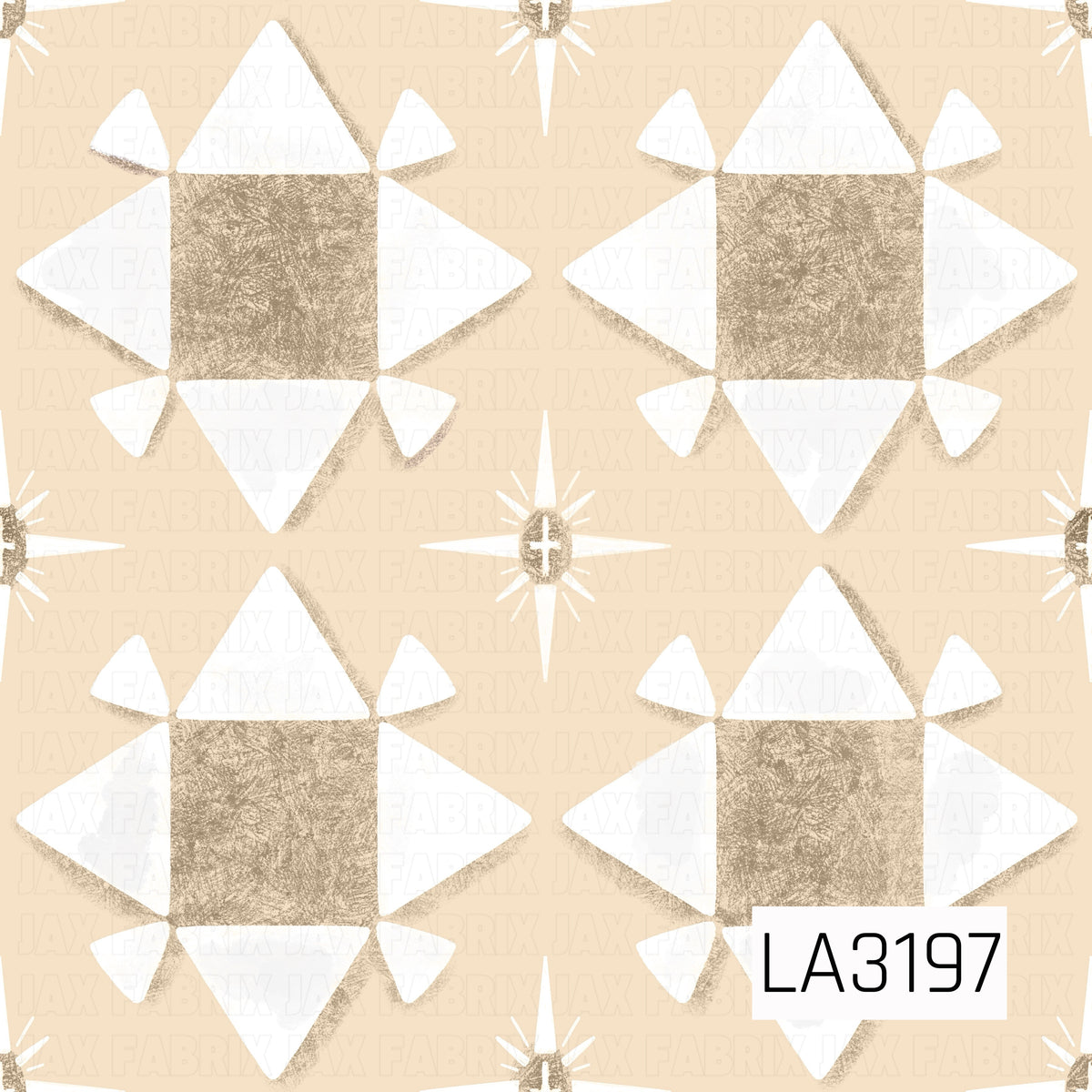 A quilt-inspired geometric pattern featuring large star blocks in warm taupe and creamy white against a soft pale peach background. Smaller four-point starbursts are scattered throughout, with a textured, hand-painted finish for a cozy vintage feel.

