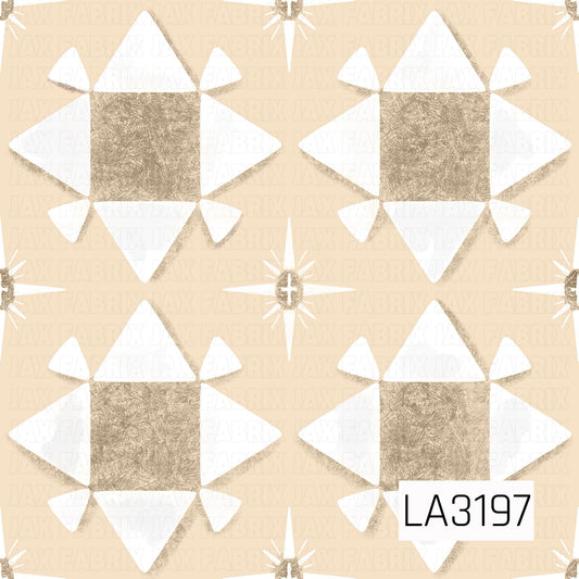A quilt-inspired geometric pattern featuring large star blocks in warm taupe and creamy white against a soft pale peach background. Smaller four-point starbursts are scattered throughout, with a textured, hand-painted finish for a cozy vintage feel.


