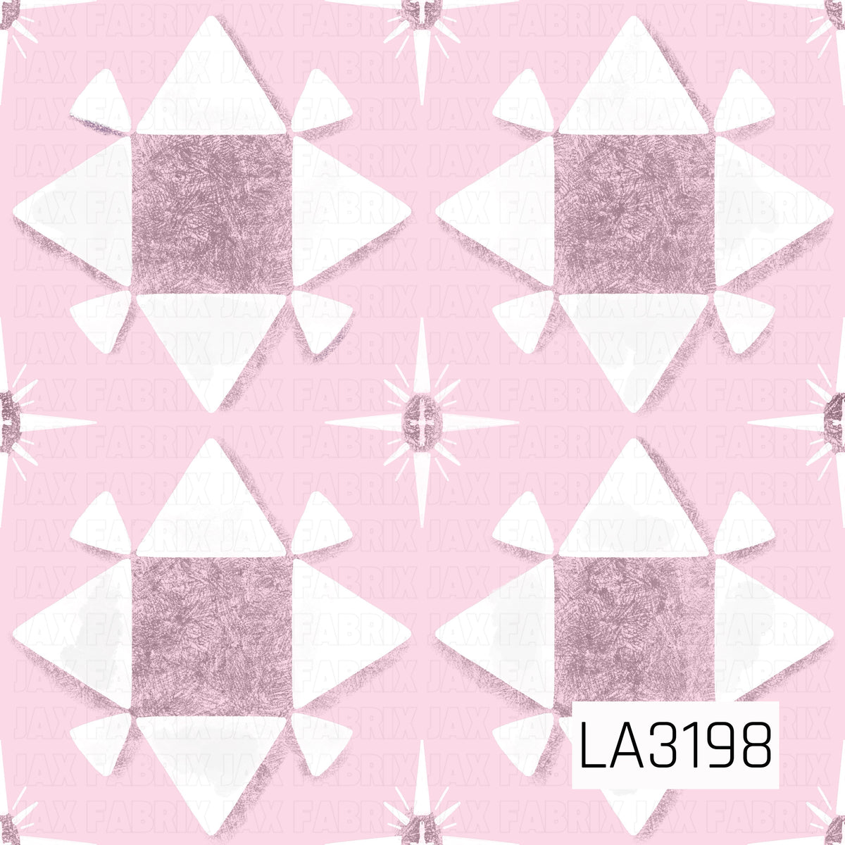 A quilt-inspired geometric pattern featuring large star blocks in dusty mauve and creamy white against a soft blush pink background. Smaller four-point starbursts are scattered throughout, with a textured, hand-painted finish for a cozy vintage feel.
