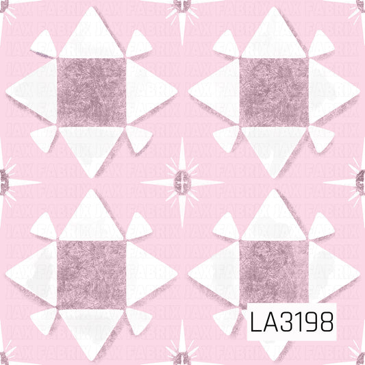 A quilt-inspired geometric pattern featuring large star blocks in dusty mauve and creamy white against a soft blush pink background. Smaller four-point starbursts are scattered throughout, with a textured, hand-painted finish for a cozy vintage feel.
