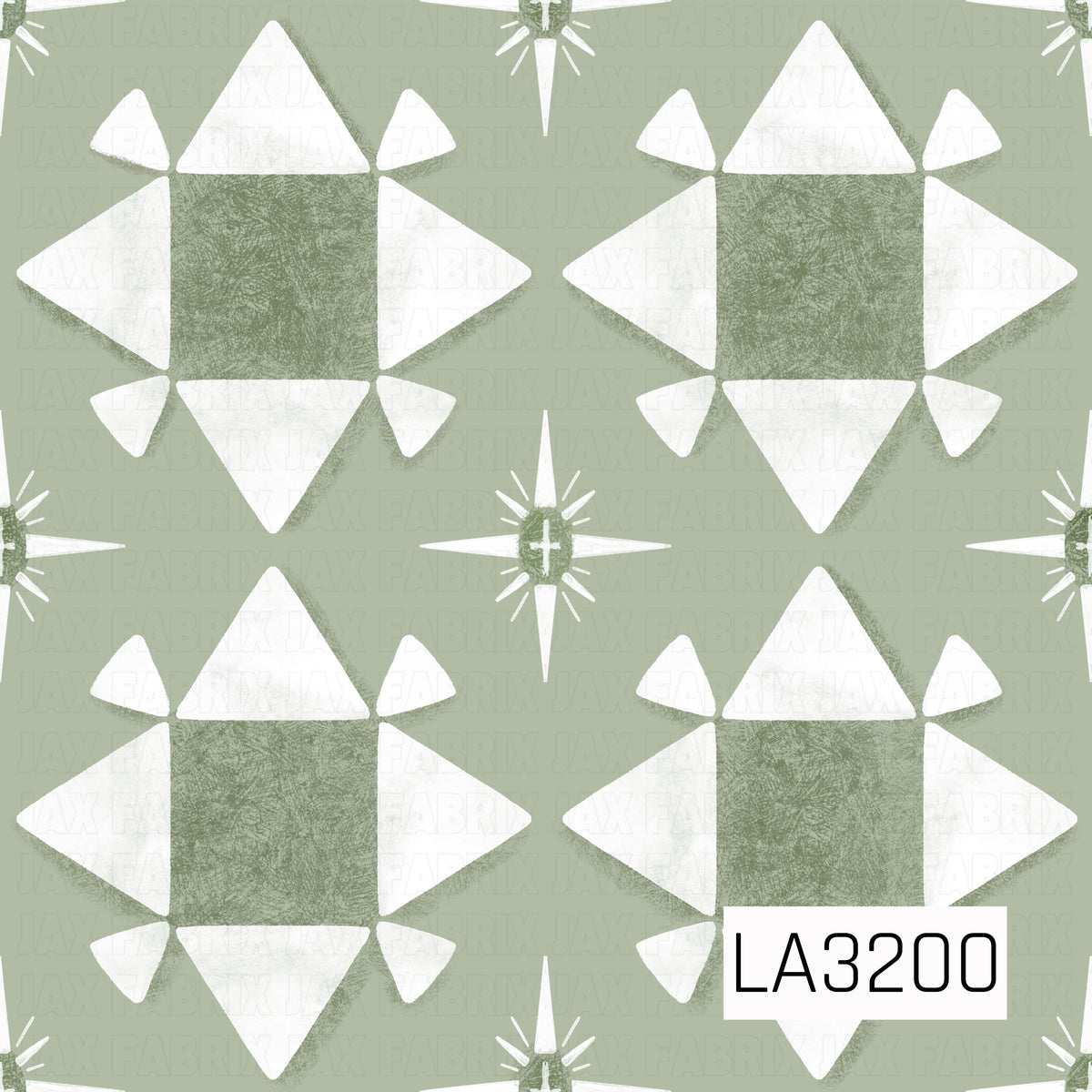 A quilt-inspired geometric pattern featuring oversized white star blocks with muted sage green textured centers on a soft sage background. Smaller four-point starbursts are scattered between the larger shapes, with a distressed, hand-painted finish for a vintage feel.
