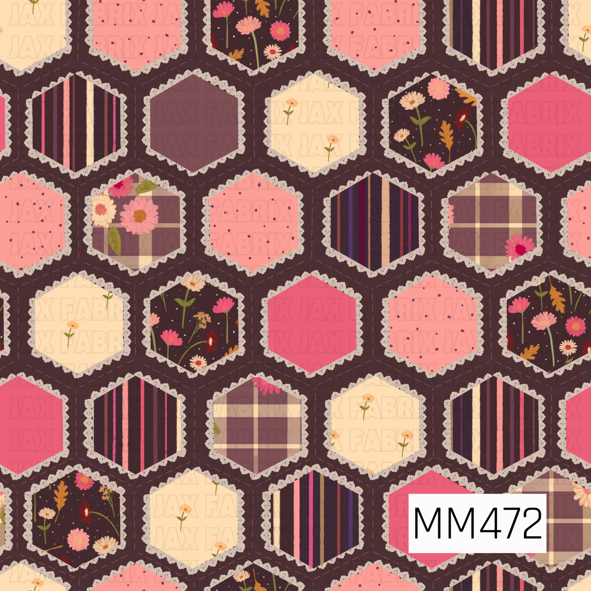 A vintage-inspired honeycomb quilt pattern featuring repeating hexagon patches filled with coordinating florals, plaids, stripes, scattered dots, delicate flower sprigs, and solid colors. Deep chocolate brown and plum tones create a rich backdrop for pops of coral pink, blush, cream, burgundy, and warm golden accents. Textured cream scalloped edges frame each hexagon, while subtle stitched details throughout the background give the design a cozy handmade patchwork feel.