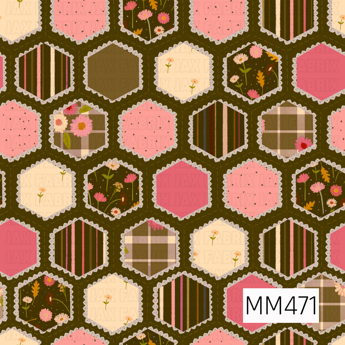 A cozy honeycomb quilt pattern featuring repeating hexagon patches filled with a mix of whimsical florals, vintage plaids, bold stripes, tiny scattered dots, delicate flower sprigs, and solid colors. The palette combines deep olive green and earthy brown with warm cream, blush pink, coral, and touches of golden yellow. Each hexagon is finished with a textured cream scalloped border, while subtle stitched details fill the dark olive background for a handmade patchwork feel.