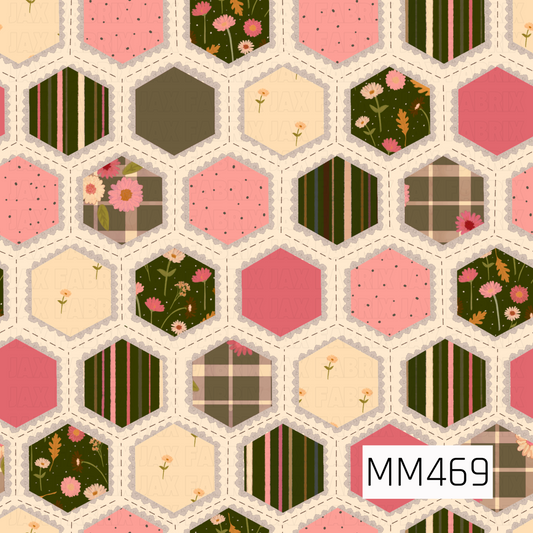 A cozy patchwork quilt-inspired pattern featuring repeating hexagons filled with coordinating florals, plaids, stripes, tiny scattered dots, and simple flowers. Warm shades of coral pink, blush, cream, olive green, brown, and golden orange create a charming vintage fall palette. Each hexagon is framed with a textured stitched border, giving the design a handmade, quilted feel.