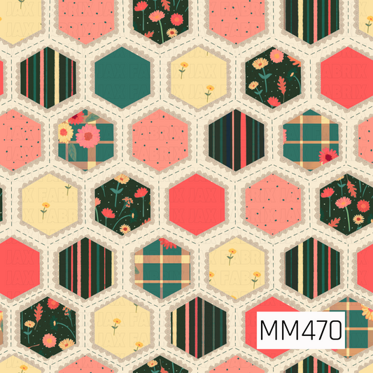 A charming honeycomb patchwork design featuring rows of hexagon-shaped quilt pieces, each filled with a different coordinating print. The mix includes whimsical wildflowers, bold vertical stripes, soft plaids, tiny scattered dots, delicate floral sprigs, and solid blocks of color. Deep teal and forest green add richness against pops of coral, salmon pink, buttery yellow, and warm cream. Each hexagon is surrounded by a textured scalloped edge with hand-drawn dashed stitching throughout the cream background, 