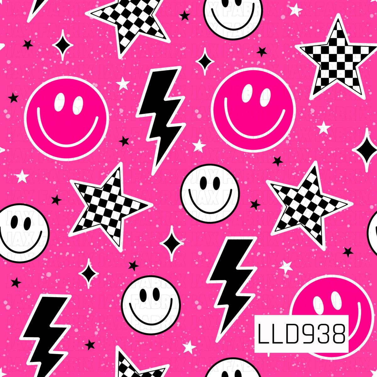 A vibrant retro-inspired print featuring oversized smiley faces, bold lightning bolts, checkerboard stars, and scattered mini stars and sparkles. The bright hot pink background has a distressed speckled texture, while crisp black and white graphics create a bold, high-contrast look. Fun, funky, and full of playful vintage personality.