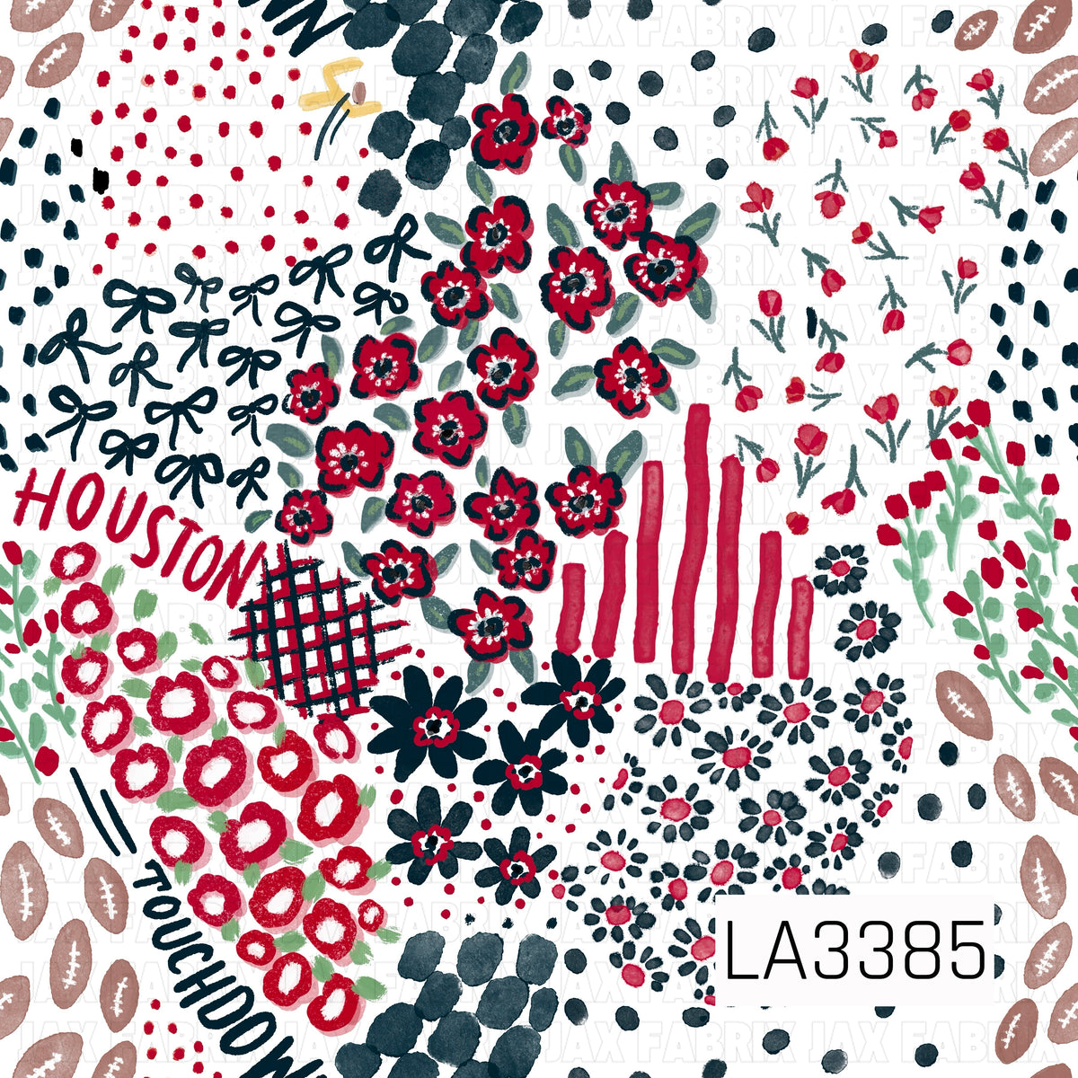 A bold Houston football-inspired print featuring deep navy, bright red, and soft gray on a crisp white background. Hand-painted florals, bows, footballs, scattered dots, stripes, plaid accents, and “Houston” and “Touchdown” lettering give it a playful, artsy game day feel.
