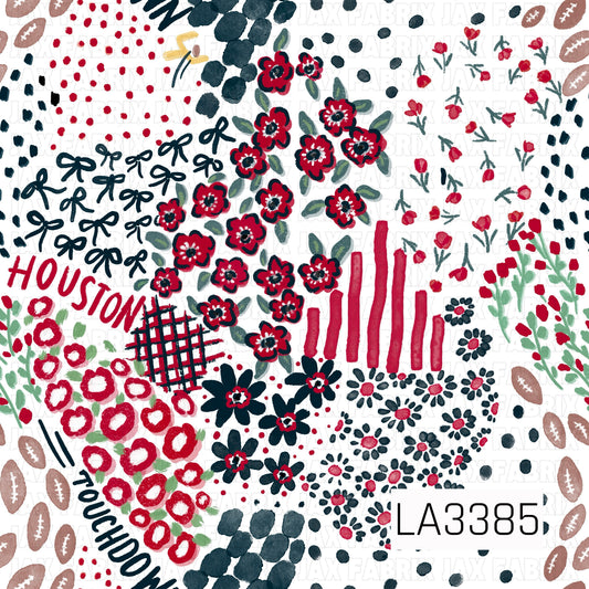 A bold Houston football-inspired print featuring deep navy, bright red, and soft gray on a crisp white background. Hand-painted florals, bows, footballs, scattered dots, stripes, plaid accents, and “Houston” and “Touchdown” lettering give it a playful, artsy game day feel.
