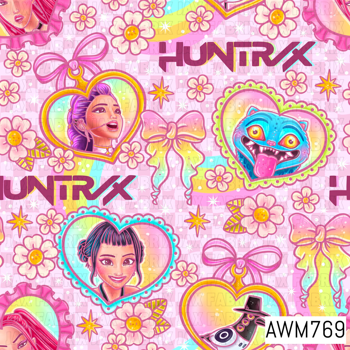 A vibrant seamless pattern featuring stylized idol portraits, whimsical creatures, bows, daisies, rainbow accents, stars, and playful graphics on a soft pink background. Perfect for custom fabric, faux leather, apparel, bags, accessories, blankets, and other fandom-inspired handmade creations.