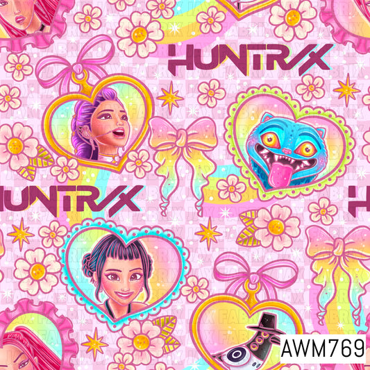 A vibrant seamless pattern featuring stylized idol portraits, whimsical creatures, bows, daisies, rainbow accents, stars, and playful graphics on a soft pink background. Perfect for custom fabric, faux leather, apparel, bags, accessories, blankets, and other fandom-inspired handmade creations.