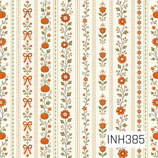 A charming autumn stripe pattern featuring delicate orange florals, pumpkins, bows, and leafy vines arranged in alternating vertical panels. Tiny heart and dotted accents add a whimsical touch, while the warm orange, sage green, and cream color palette creates a cozy vintage farmhouse feel. The soft cream background enhances the clean, classic look of this sweet fall-inspired design.

